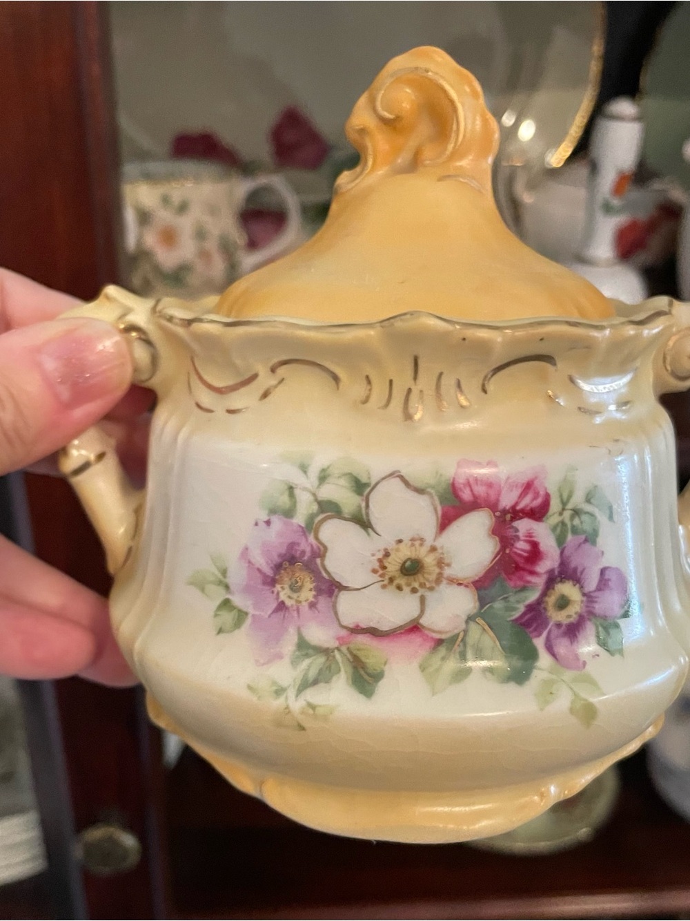 Vintage Floral Ceramic Decorative Sugar Bowl in Yellow and White